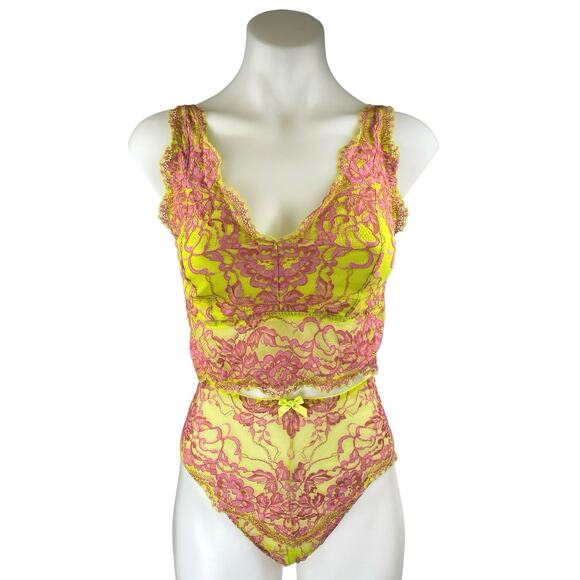 Savage x Fenty Yellow Pink Lace Brallete High Waist Bottom Lingerie 2 Pc Set 1XL - Picture 1 of 5